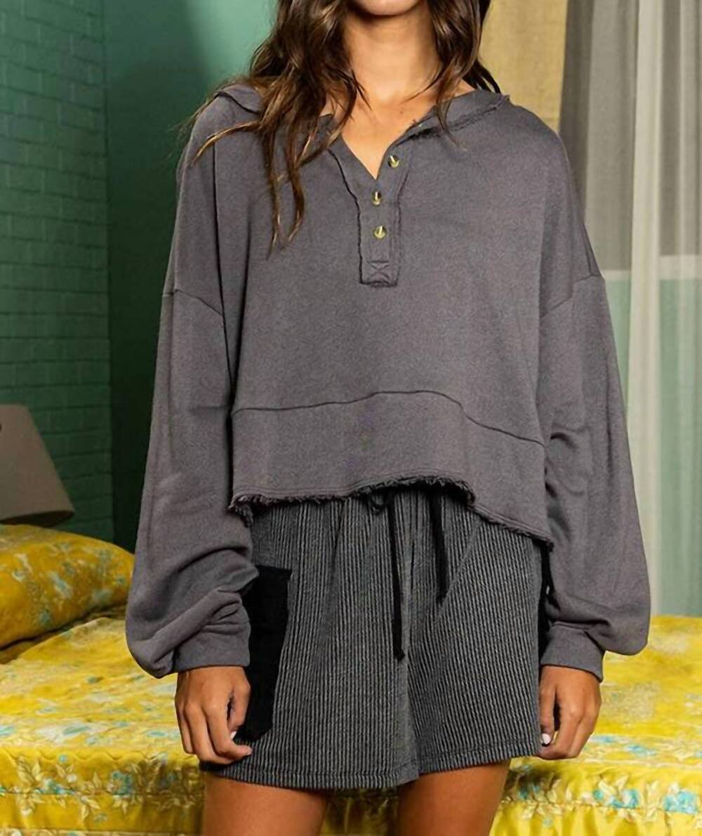 NEW BUCKETLIST lantern sleeve button-up crop top in charcoal